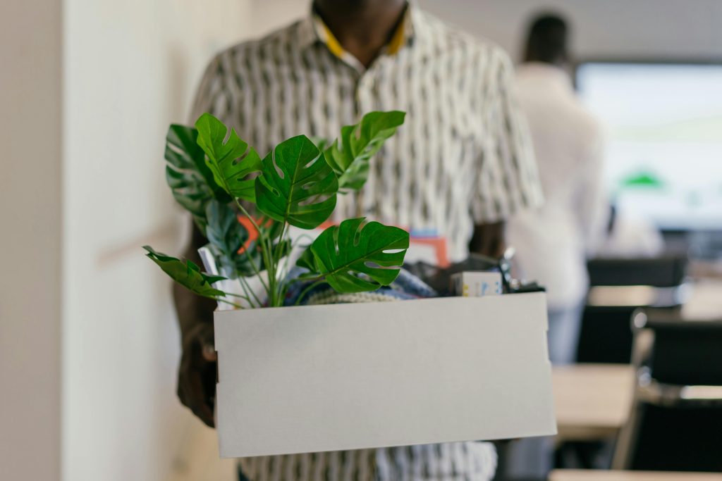 Adult man carrying office box with a plant, symbolizing job change or relocation.